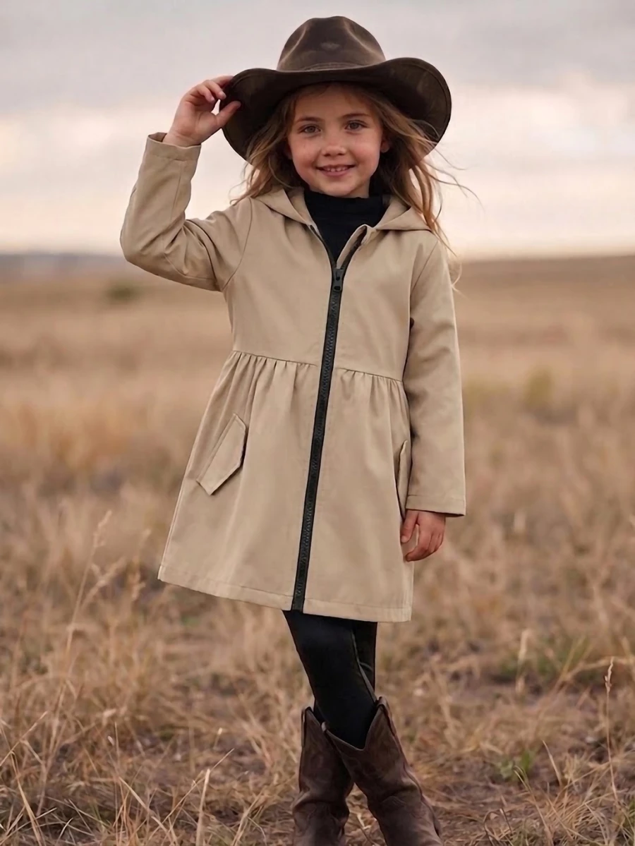 SHEIN Girls' Winter Coat, Khaki Hooded Fashion Jacket, Suitable For Daily Casual Wear