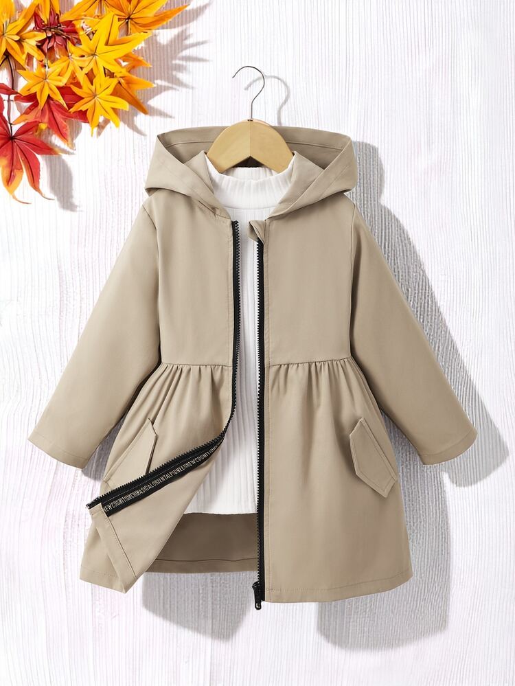 SHEIN Girls' Winter Coat, Khaki Hooded Fashion Jacket, Suitable For Daily Casual Wear - Camel - View 3