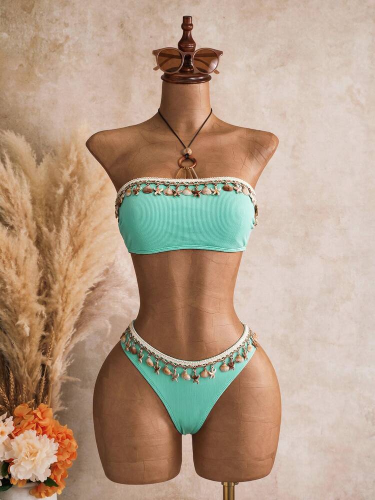 Swim SXY Women Halter Hollow Out Back Cross Strap Shell & Stripe Print Tankini Swimwear Set, Springbreak For Summer Beach Vacation - Mint Blue - View 5