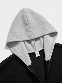 SHEIN 青少年男孩拼色極簡廓形連帽拉鍊運動衫，休閒學院風舒適時尚，簡約實用百搭，柔軟面料，適合日常穿著、上學、旅行、戶外運動，四季皆宜 - 彩色 - 查看 4