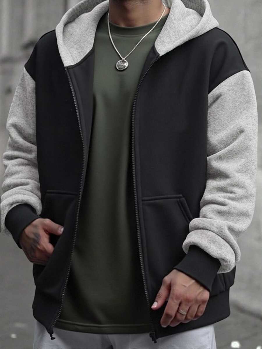 SHEIN 青少年男孩拼色極簡廓形連帽拉鍊運動衫,休閒學院風舒適時尚,簡約實用百搭,柔軟面料,適合日常穿著、上學、旅行、戶外運動,四季皆宜 - 彩色 - 查看 1