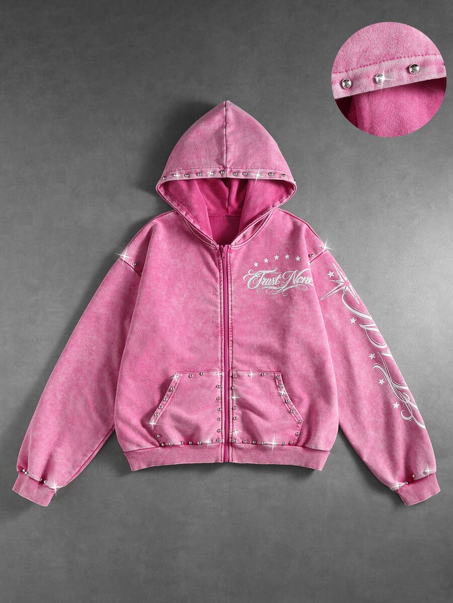 ROMWE MEN Street Life Men's Rivet & Graphic Letter Hoodie - Pink - View 1