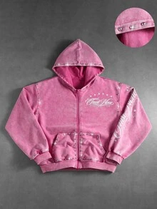ROMWE MEN Street Life Men's Rivet & Graphic Letter Hoodie - Pink - View 3