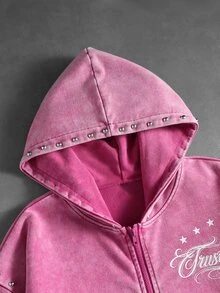 ROMWE MEN Street Life Men's Rivet & Graphic Letter Hoodie - Pink - View 6