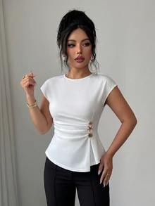 Elenzga Women's Spring/Summer French Elegant Exquisite Metal Buckle Asymmetric Waist-Cinching Blouse, Suitable For Daily Outings And Commuting - White - View 5