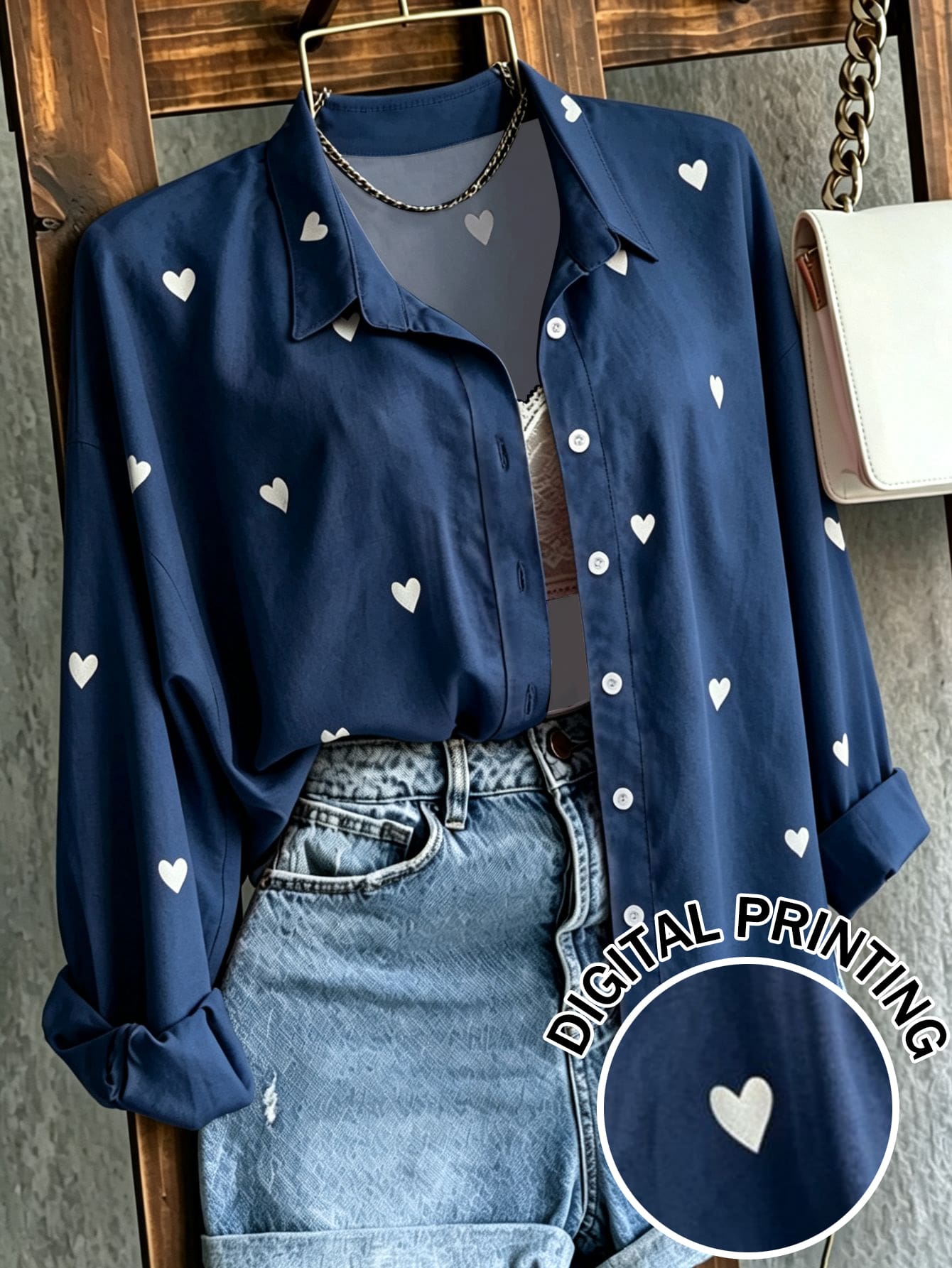 Franclia Women's Casual Heart Print Shirt, Autumn - Navy Blue - View 1