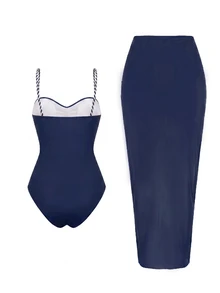 Bonvoyette Women's Spring Summer Autumn Beach Vacation New Sexy Braided Rope Gradient Digital Print One-Piece Swimsuit With Gradient Mesh Skirt Premium Swimwear Set - Navy Blue - View 8