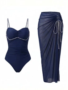 Bonvoyette Women's Spring Summer Autumn Beach Vacation New Sexy Braided Rope Gradient Digital Print One-Piece Swimsuit With Gradient Mesh Skirt Premium Swimwear Set - Navy Blue - View 7