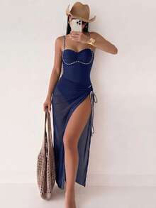 Bonvoyette Women's Spring Summer Autumn Beach Vacation New Sexy Braided Rope Gradient Digital Print One-Piece Swimsuit With Gradient Mesh Skirt Premium Swimwear Set - Navy Blue - View 2
