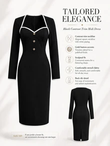 Balvessa Contrast Binding Button Detail Bodycon Dress - Black - View 3