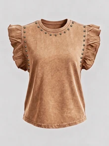 Resyla Rivet Craft Fashion Camiseta de mujer de algodón 100% con cuello redondo y puños con volantes, regalo para amigas - Amarillo Mostaza - Ver 4