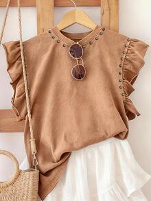 Resyla Rivet Craft Fashion Camiseta de mujer de algodón 100% con cuello redondo y puños con volantes, regalo para amigas - Amarillo Mostaza - Ver 3