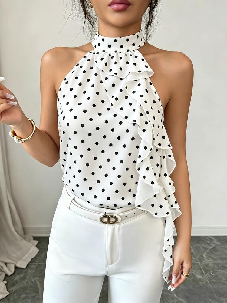 Elenzga Women's Polka Dot Print Ruffle Tie Neck Halter Blouse, Fashionable Versatile - Black and White - View 1