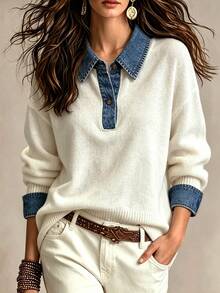 Trelyra Women's Festival Outfits Colorblock Casual Versatile Daily Wear Long Sleeve Fall Winter Sweater - White - View 1
