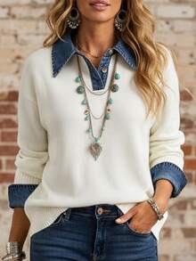 Trelyra Women's Festival Outfits Colorblock Casual Versatile Daily Wear Long Sleeve Fall Winter Sweater - White - View 4