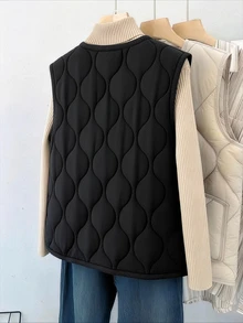 EMERY ROSE Plus Size Women's Autumn And Winter Thick Four Button Double Pocket Black Sleeveless Vest Jacket Down Jacket Daily Casual Commuting Shopping - Black - View 2