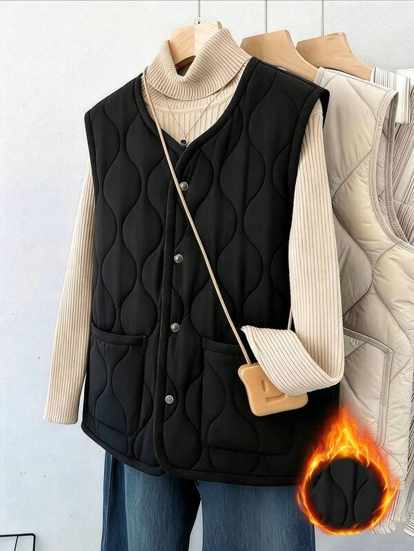 EMERY ROSE Plus Size Women's Autumn And Winter Thick Four Button Double Pocket Black Sleeveless Vest Jacket Down Jacket Daily Casual Commuting Shopping