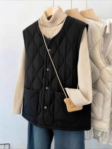 EMERY ROSE Plus Size Women's Autumn And Winter Thick Four Button Double Pocket Black Sleeveless Vest Jacket Down Jacket Daily Casual Commuting Shopping - Black - View 7