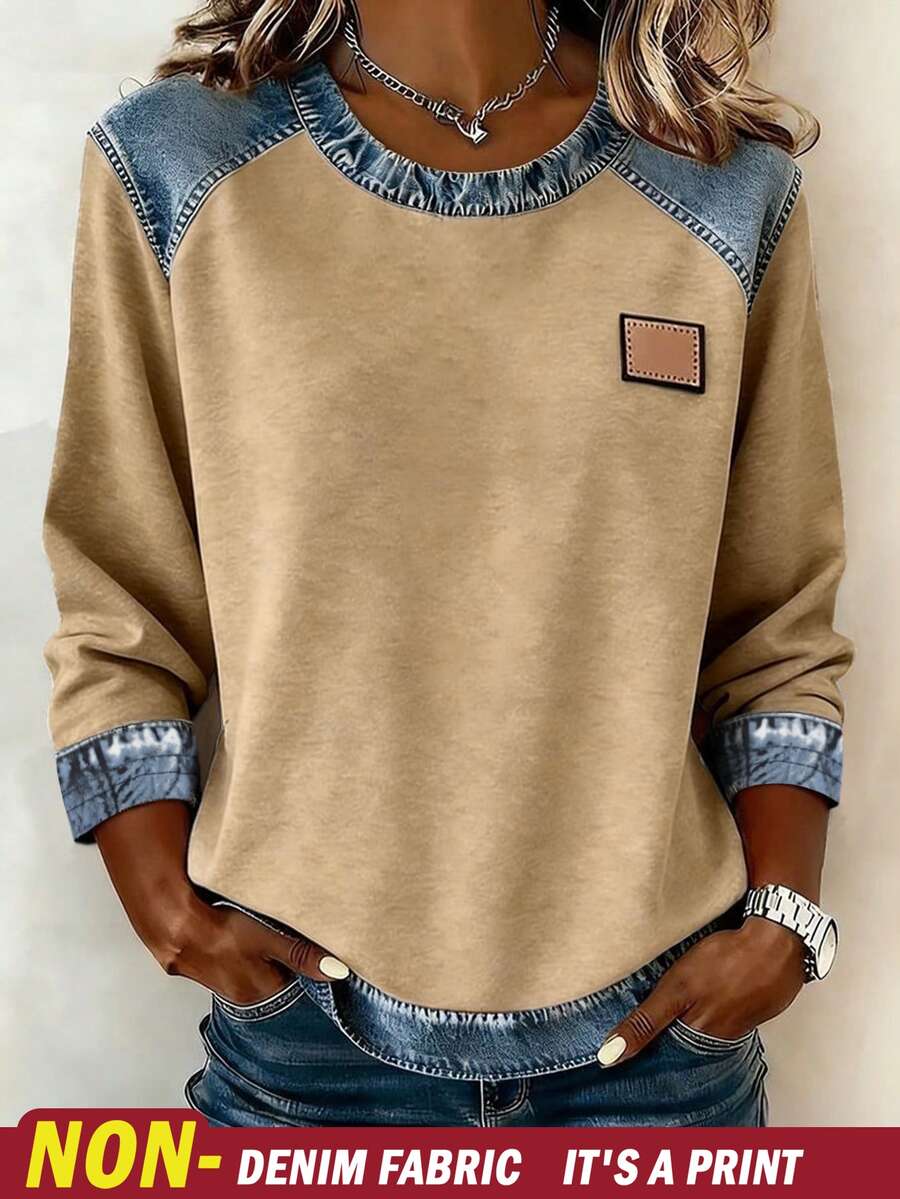 EMERY ROSE Women's Round Neck Color Block Casual Everyday Wear Long Sleeve T-Shirt - Multicolor - View 1