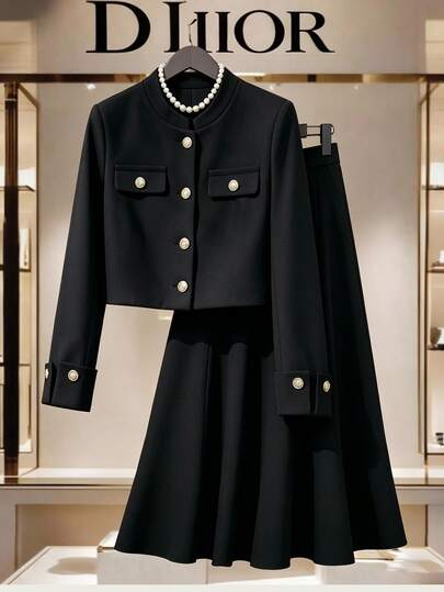 GlowEve Setelan 2 Potong Jaket dan Rok Kancing Hitam Musim Dingin Wanita, Pakaian Elegan untuk Musim Gugur, Pesta, Jalan-jalan, Perjalanan, dan Kantor