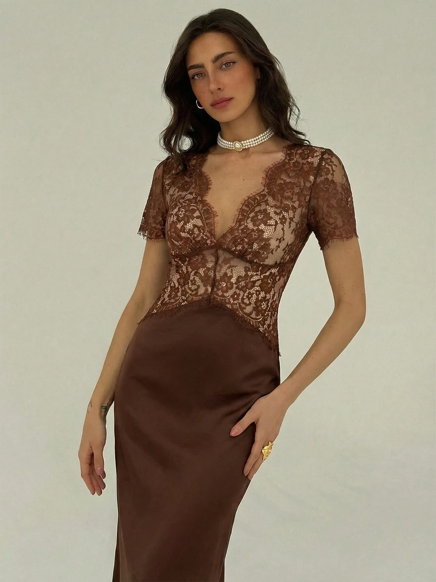 Aloruh Women's V-Neck Short Sleeve Lace Sexy Fashion Elegant Dress Brown Satin Dress Brown Formal Dress