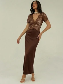 Aloruh Women's V-Neck Short Sleeve Lace Sexy Fashion Elegant Dress Brown Satin Dress Brown Formal Dress - Brown - View 7