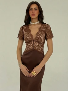 Aloruh Women's V-Neck Short Sleeve Lace Sexy Fashion Elegant Dress Brown Satin Dress Brown Formal Dress - Brown - View 8