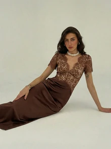Aloruh Women's V-Neck Short Sleeve Lace Sexy Fashion Elegant Dress Brown Satin Dress Brown Formal Dress - Brown - View 5
