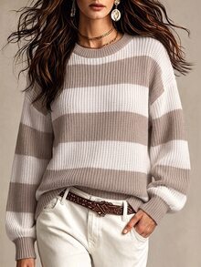 SHEIN Suéter de cuello redondo con contraste de rayas y hombros caídos, manga larga, suéter de punto para otoño e invierno - Multicolor - Ver 4