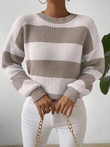 SHEIN Suéter de cuello redondo con contraste de rayas y hombros caídos, manga larga, suéter de punto para otoño e invierno - Multicolor - Ver 6