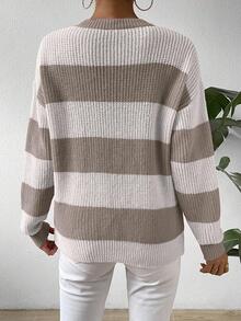 SHEIN Suéter de cuello redondo con contraste de rayas y hombros caídos, manga larga, suéter de punto para otoño e invierno - Multicolor - Ver 5