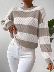 SHEIN Suéter de cuello redondo con contraste de rayas y hombros caídos, manga larga, suéter de punto para otoño e invierno - Multicolor - Ver 9