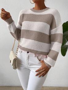 SHEIN Suéter de cuello redondo con contraste de rayas y hombros caídos, manga larga, suéter de punto para otoño e invierno - Multicolor - Ver 7