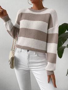 SHEIN Suéter de cuello redondo con contraste de rayas y hombros caídos, manga larga, suéter de punto para otoño e invierno - Multicolor - Ver 8