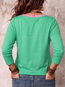 SHEIN LUNE Women's Fall Colorblock V-Neck Long Sleeve Casual Boho Plus Size T-Shirt Formal Vacation Green - Multicolor - View 2