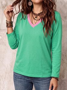 SHEIN LUNE Women's Fall Colorblock V-Neck Long Sleeve Casual Boho Plus Size T-Shirt Formal Vacation Green - Multicolor - View 4