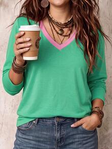 SHEIN LUNE Women's Fall Colorblock V-Neck Long Sleeve Casual Boho Plus Size T-Shirt Formal Vacation Green - Multicolor - View 6