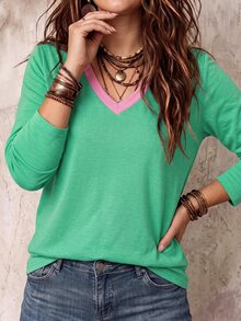 SHEIN LUNE Women's Fall Colorblock V-Neck Long Sleeve Casual Boho Plus Size T-Shirt Formal Vacation Green - Multicolor - View 5