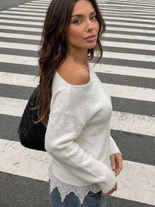 SHEIN Suéter de hombros caídos liso - Blanco - Ver 6