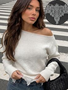 SHEIN Suéter de hombros caídos liso - Blanco - Ver 3