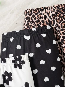 SHEIN Vintaside Kids 4件組女童柔軟可愛花朵、豹紋、愛心與純色棕色打底褲，百搭休閒波點夏季戶外玩耍長褲 - 彩色 - 查看 4