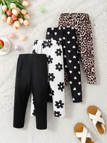 SHEIN Vintaside Kids 4件組女童柔軟可愛花朵、豹紋、愛心與純色棕色打底褲，百搭休閒波點夏季戶外玩耍長褲 - 彩色 - 查看 2