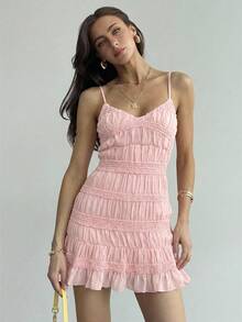 Aloruh Women's Deep V-Neck Textured Fabric Pink Vacation Dress,Pink Dress - Pink - View 3