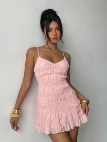 Aloruh Women's Deep V-Neck Textured Fabric Pink Vacation Dress,Pink Dress - Pink - View 4