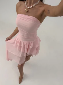 Aloruh Vestido romántico y elegante de color rosa para el Día de San Valentín con dobladillo asimétrico y con volantes - Rosa - Ver 4