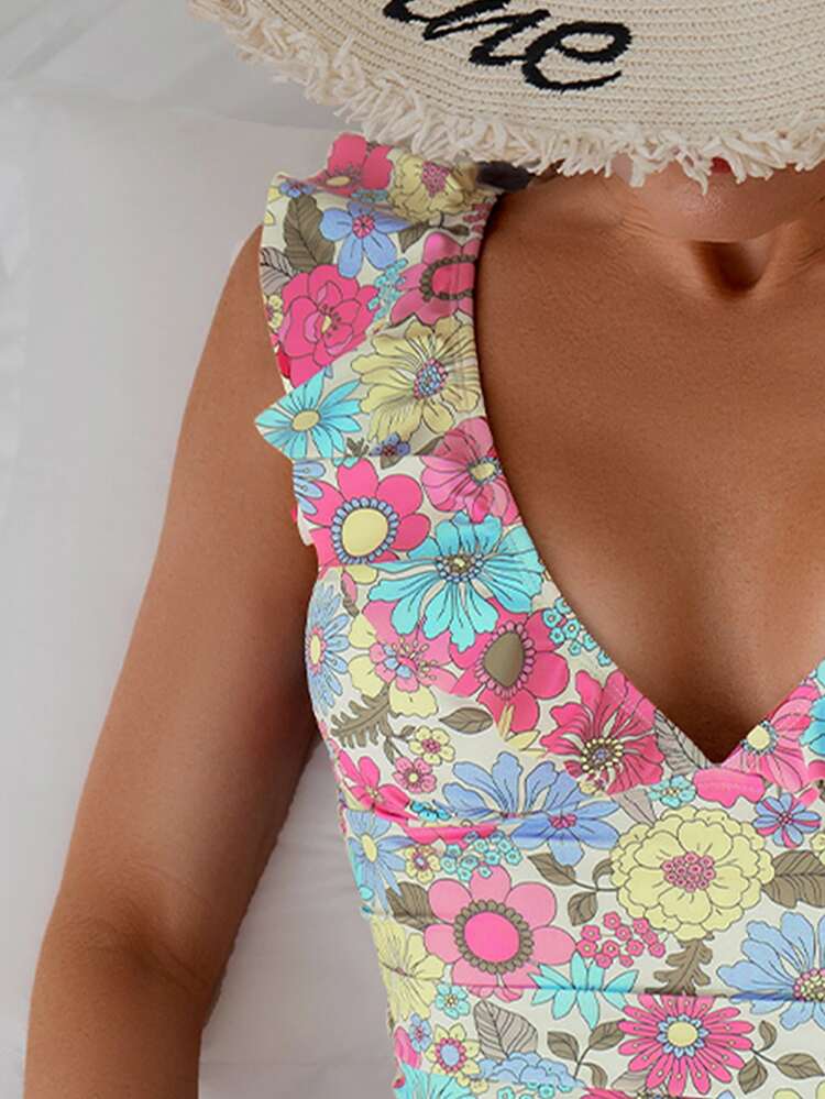 Swim Vcay Women's Ditsy Floral Ruffled Tied One-Piece Swimsuit, One-Piece Bathing Suit For Summer Beach Vacation - Multicolor - View 5