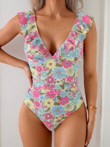 Swim Vcay 女士碎花荷叶边系带连体泳衣，适合夏季海滩度假的连体泳衣 - 彩色 - 查看 4