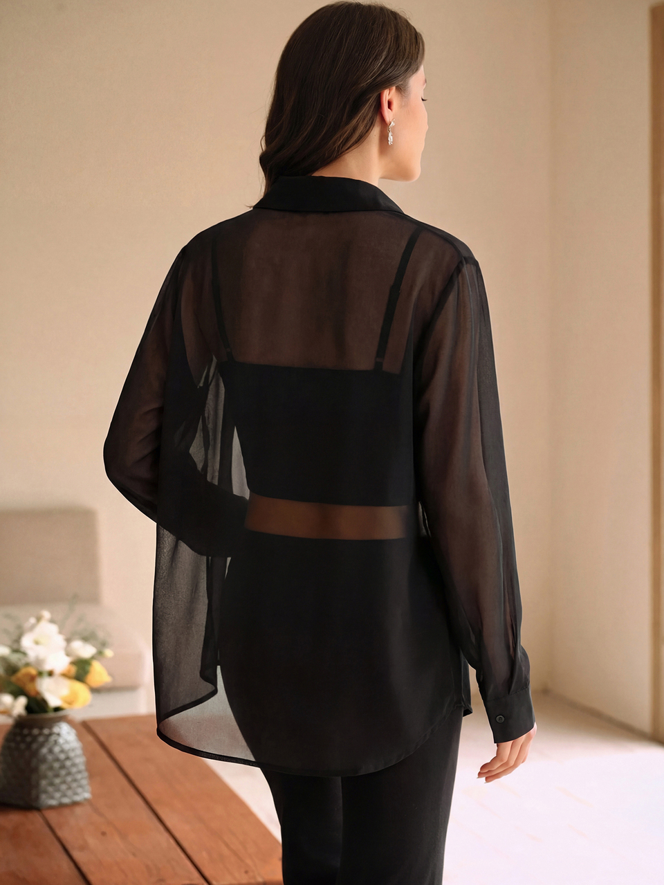 Anewsta New Sheer Mesh Beaded Embroidered Chiffon Shirt Collar Long Sleeve Modern Versatile Commute Party Elegant Women's Blouse