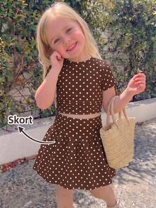 SHEIN Elladie kids 女童可愛上衣迷你裙套裝 夏季新款度假風 圖案T恤波點兩件套 7歲生日 白色嬰兒款 - 咖啡棕 - 查看 10