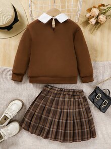 SHEIN Elladie kids Young Girl Contrast Collar Sweatshirt & Plaid Pleated Skirt Autumn Fall - Multicolor - View 2
